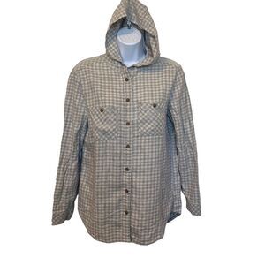 Treasure & Bond Grey Cream Plaid Long Sleeve Button Down Hoodie XS 100% Cotton